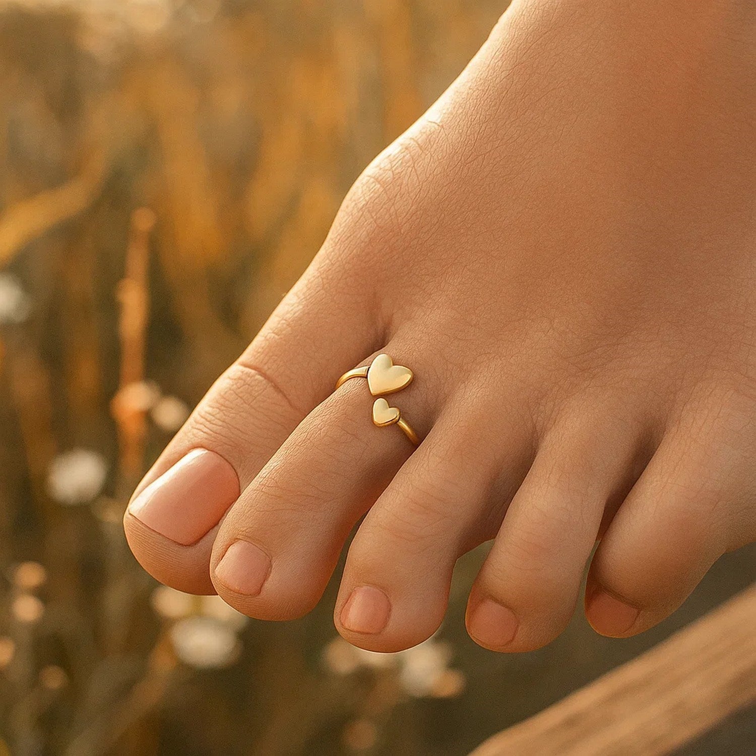 14k Yellow Gold Bypass Style Toe Ring with Polished Hearts
