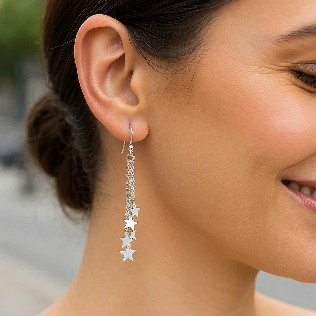 Sterling Silver Tassel Earrings with Polished Stars