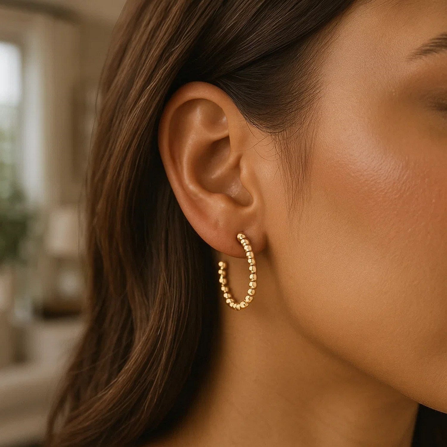 14K Yellow Gold Bead Hoop Earrings(2x23.4mm)