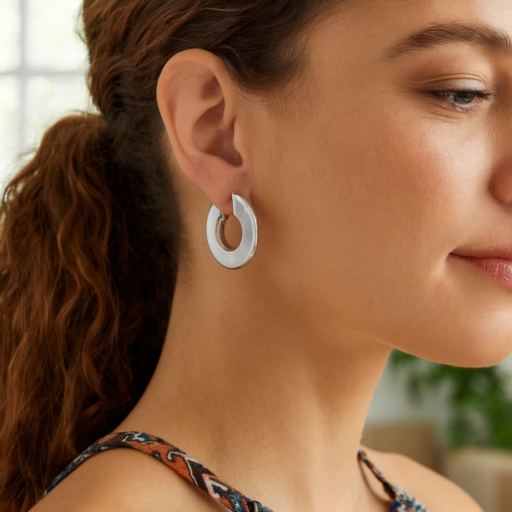 Sterling Silver Rhodium Plated Small Puffed Hoop Earrings