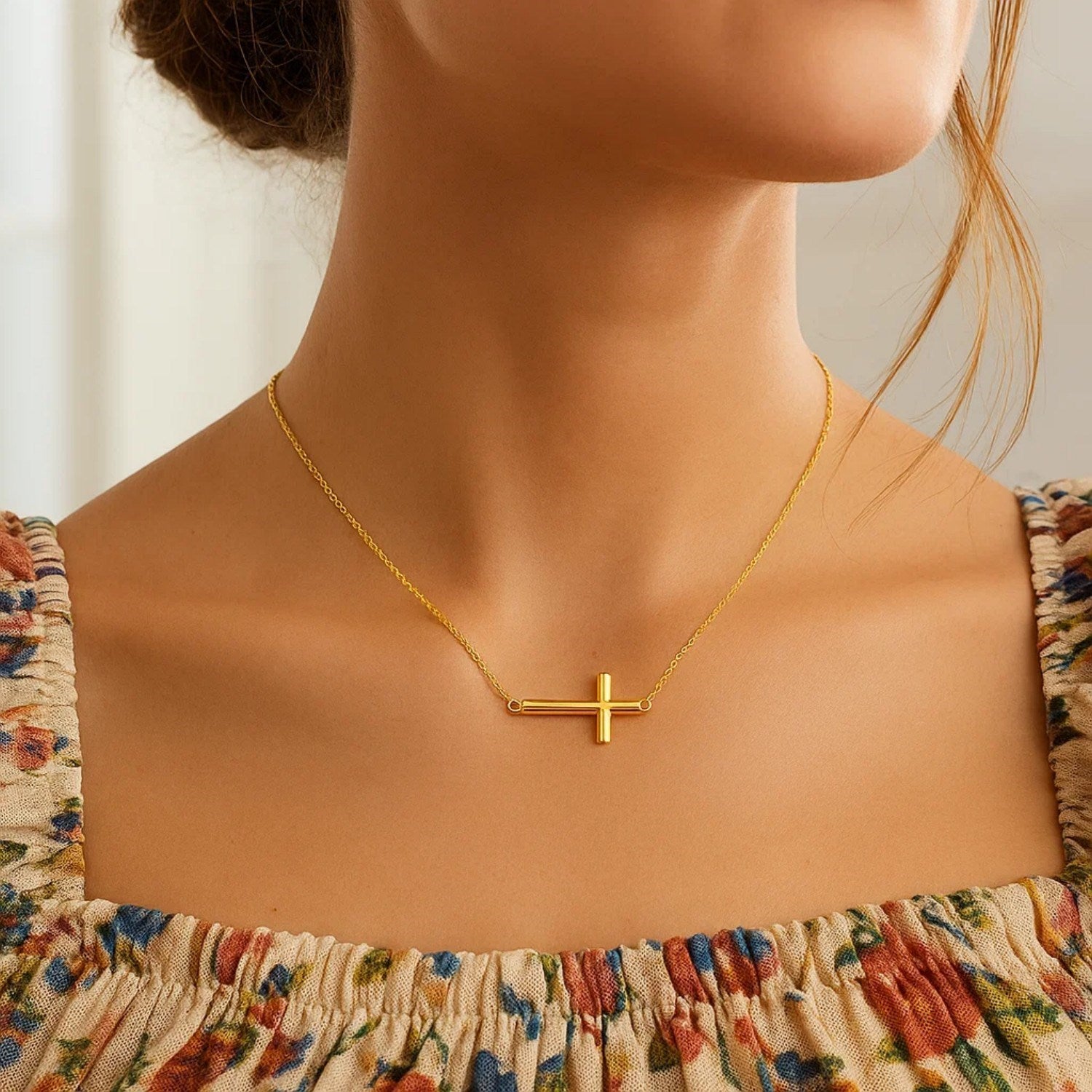 14k Yellow Gold Necklace with a Polished Cross Design
