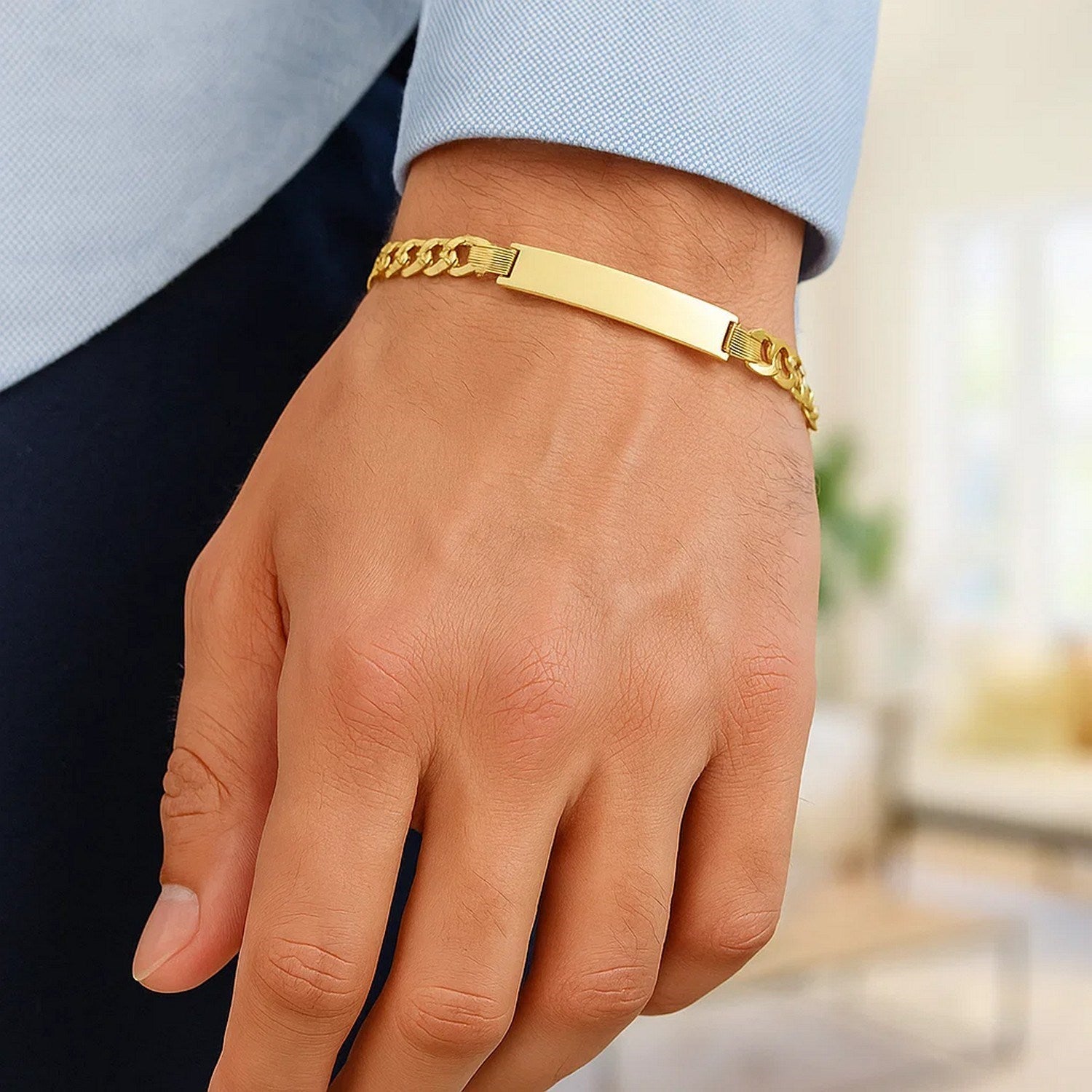 14k Yellow Gold 8 1/2 inch Mens Narrow Curb Chain ID Bracelet (6.70 mm)