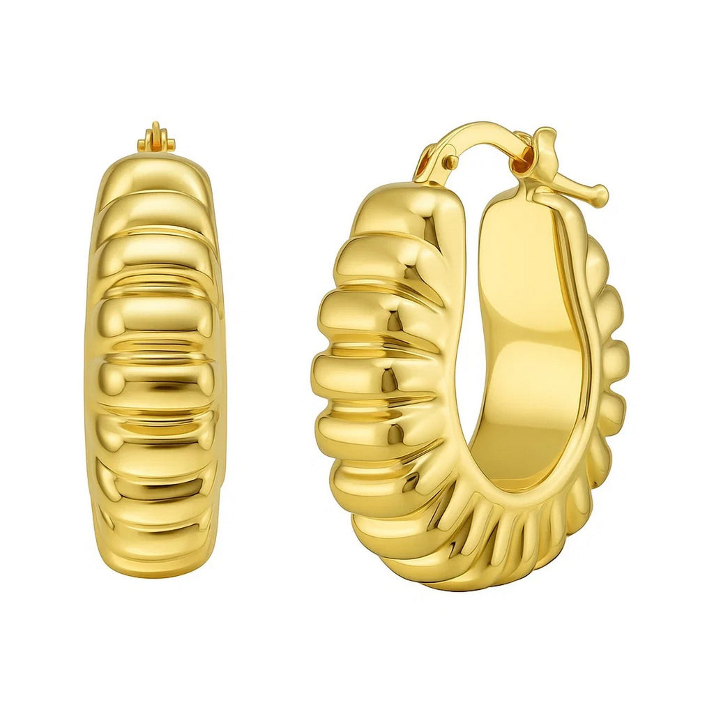 14K Yellow Gold Polished Puffed Ribbed Hoop Earrings