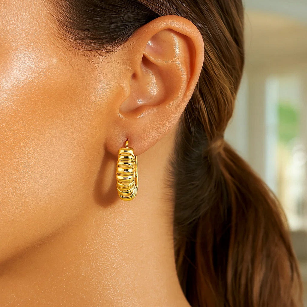 14K Yellow Gold Polished Puffed Ribbed Hoop Earrings