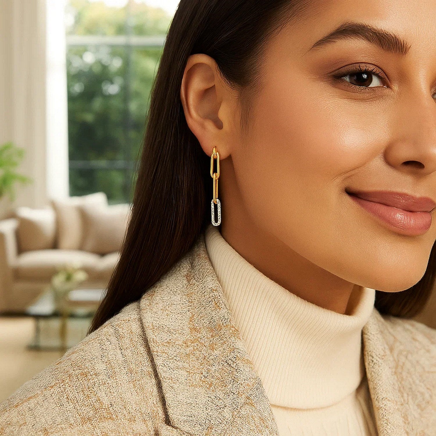 14k Yellow Gold Paperclip Chain Dangle Earrings with Diamonds