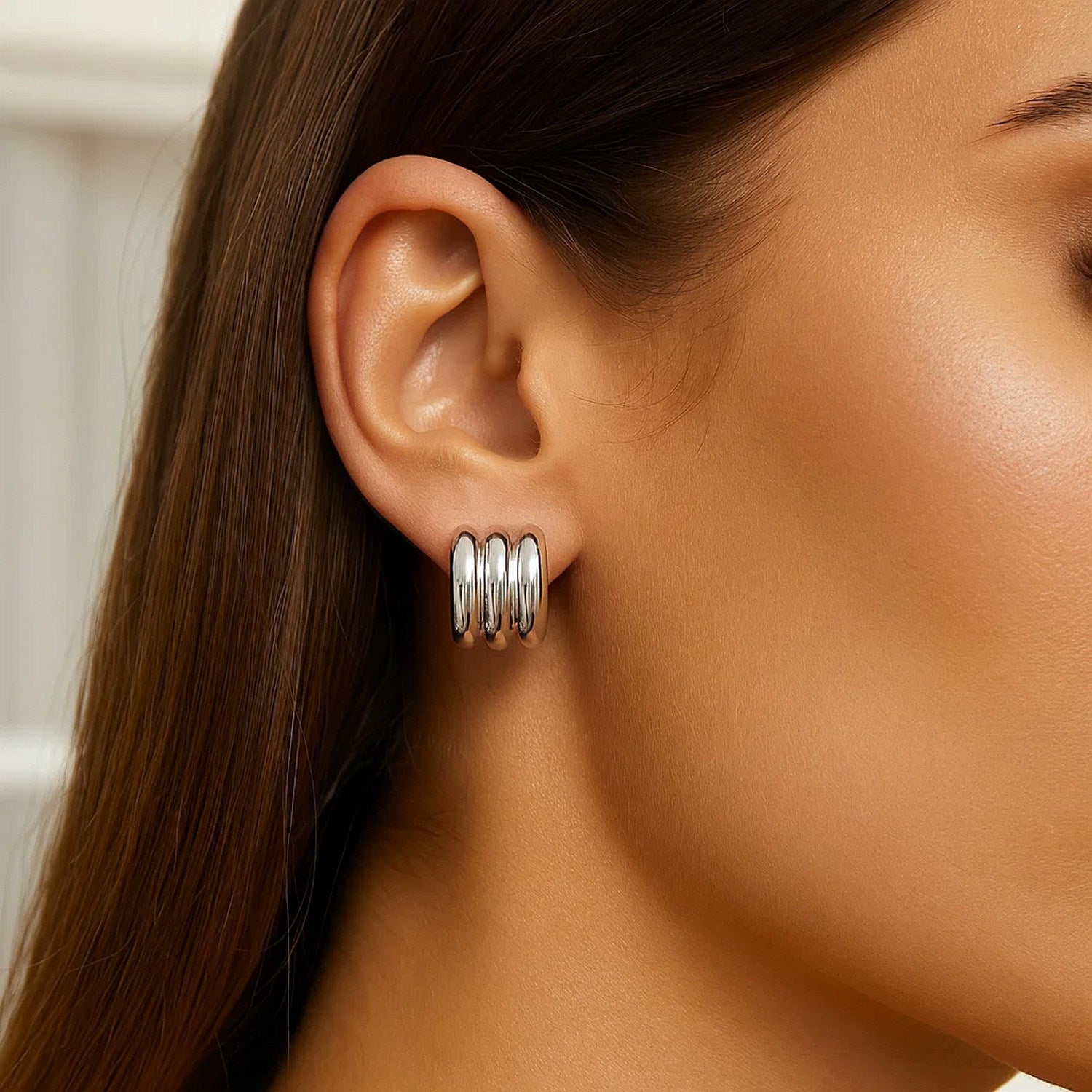 Sterling Silver Triple Row C Hoop Earrings