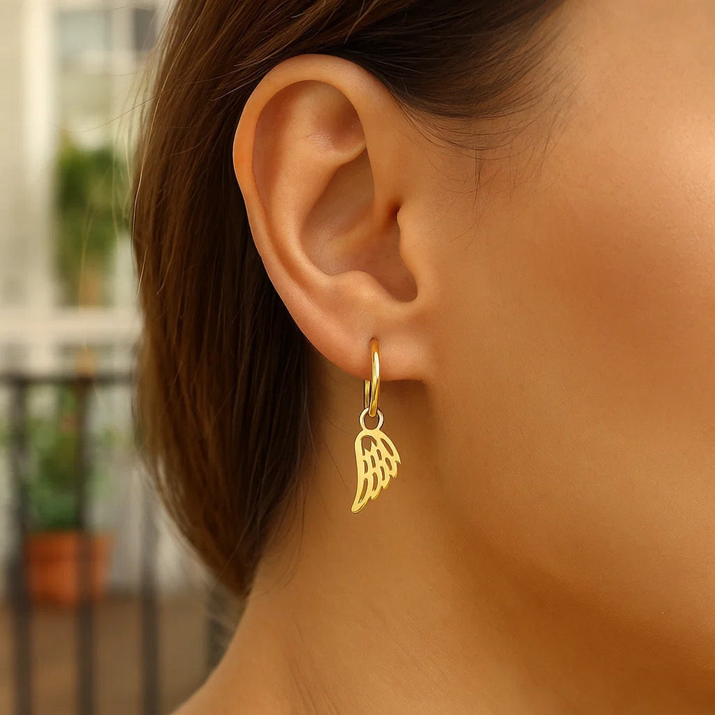 14K Yellow Gold Hoop Earrings with Angel Wings