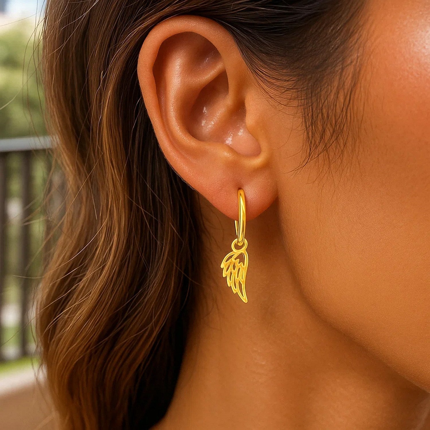 14K Yellow Gold Hoop Earrings with Angel Wings