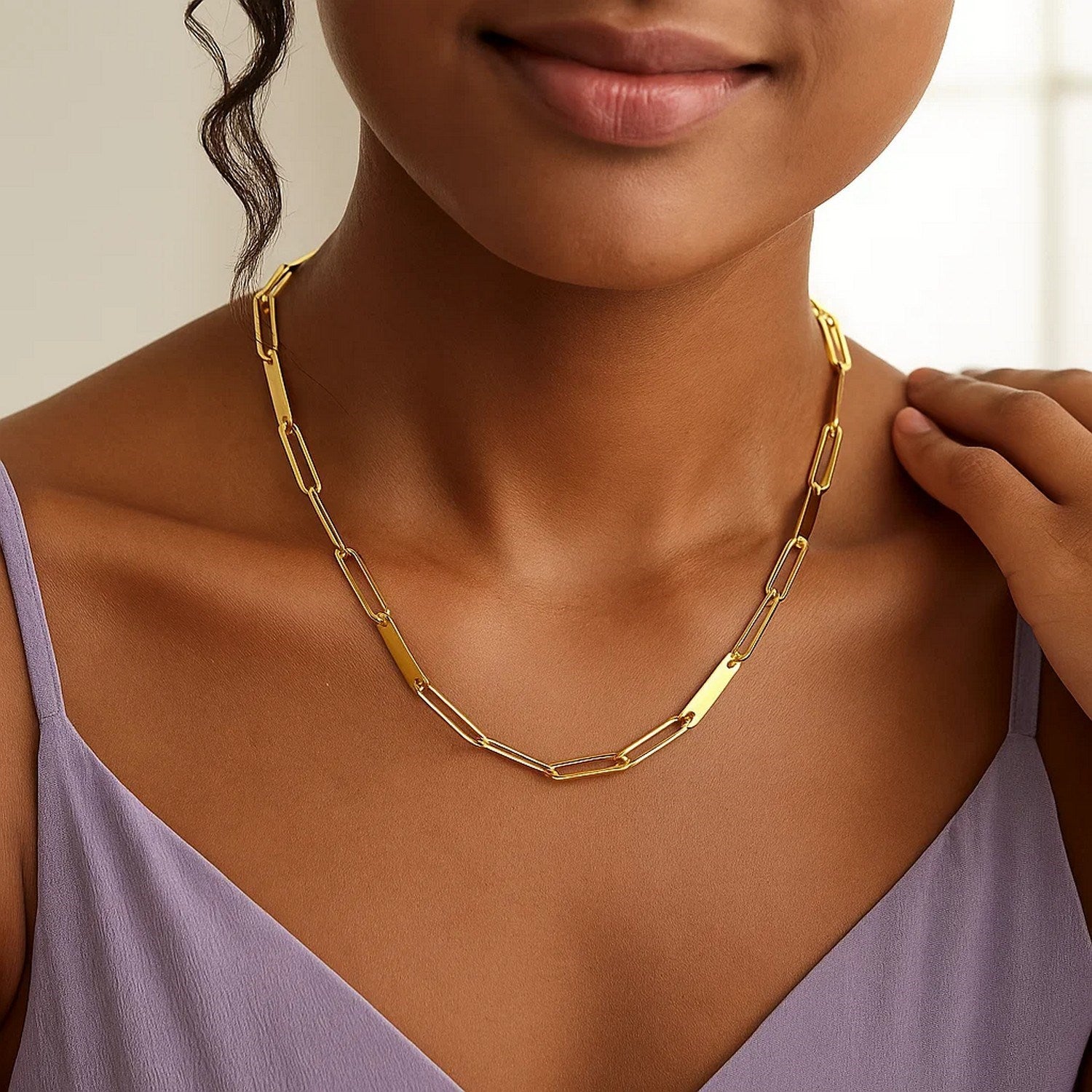 14k Yellow Gold Alternating Paperclip Chain Link and Gold Bar Necklace