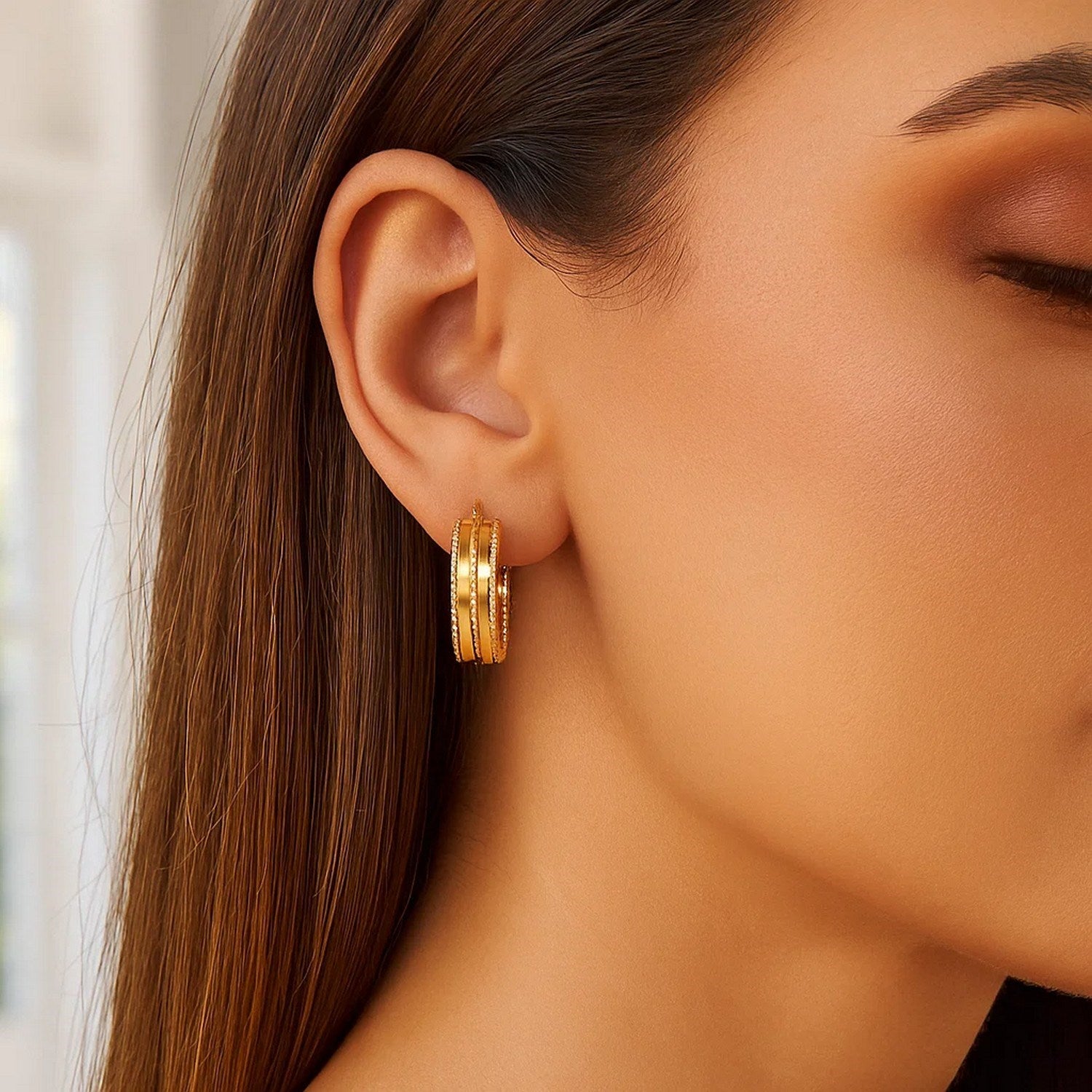 14K Yellow Gold Double Sparkle Spring Hoops Earrings