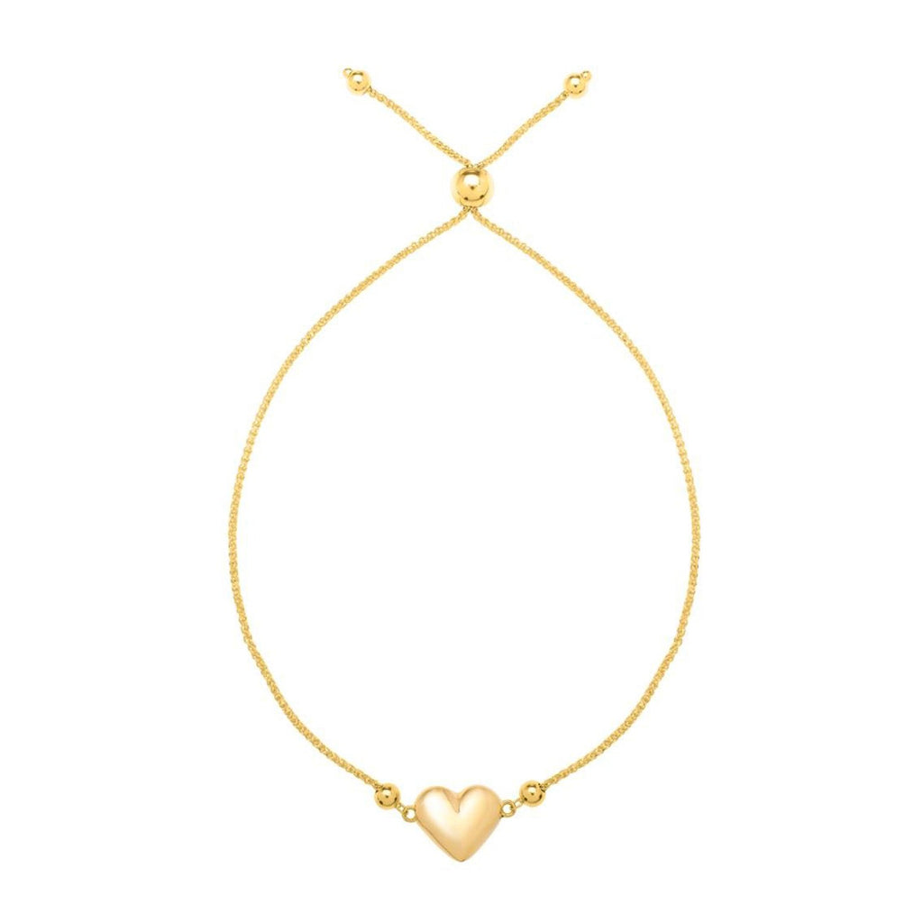 Adjustable Puffed Heart Draw String Bracelet in 14K Yellow Gold