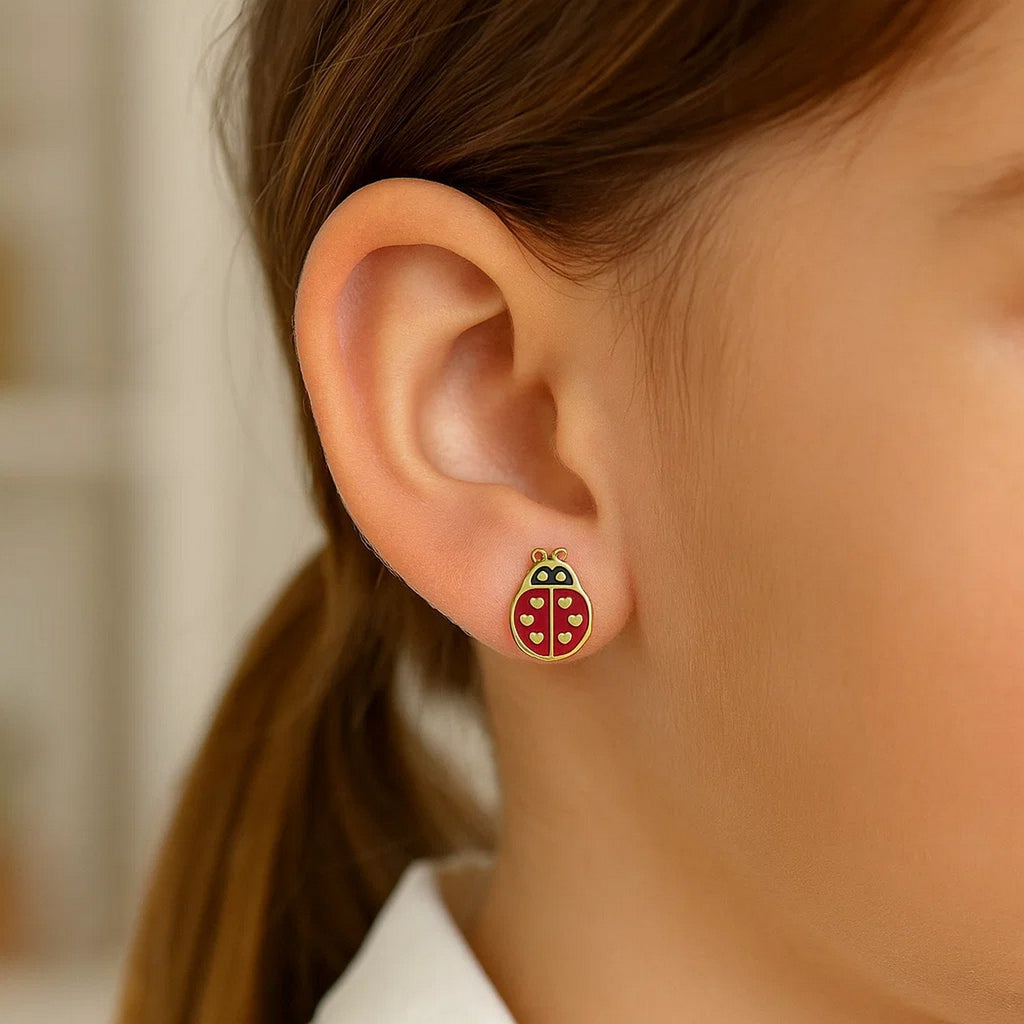 14K Yellow Gold Ladybug Enamel Earrings