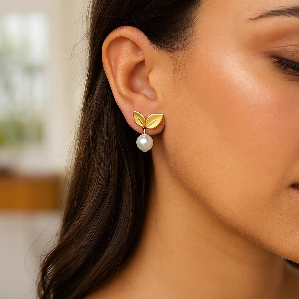 Pearl Drop Earrings with Cherry Leaf in 14K Yellow Gold