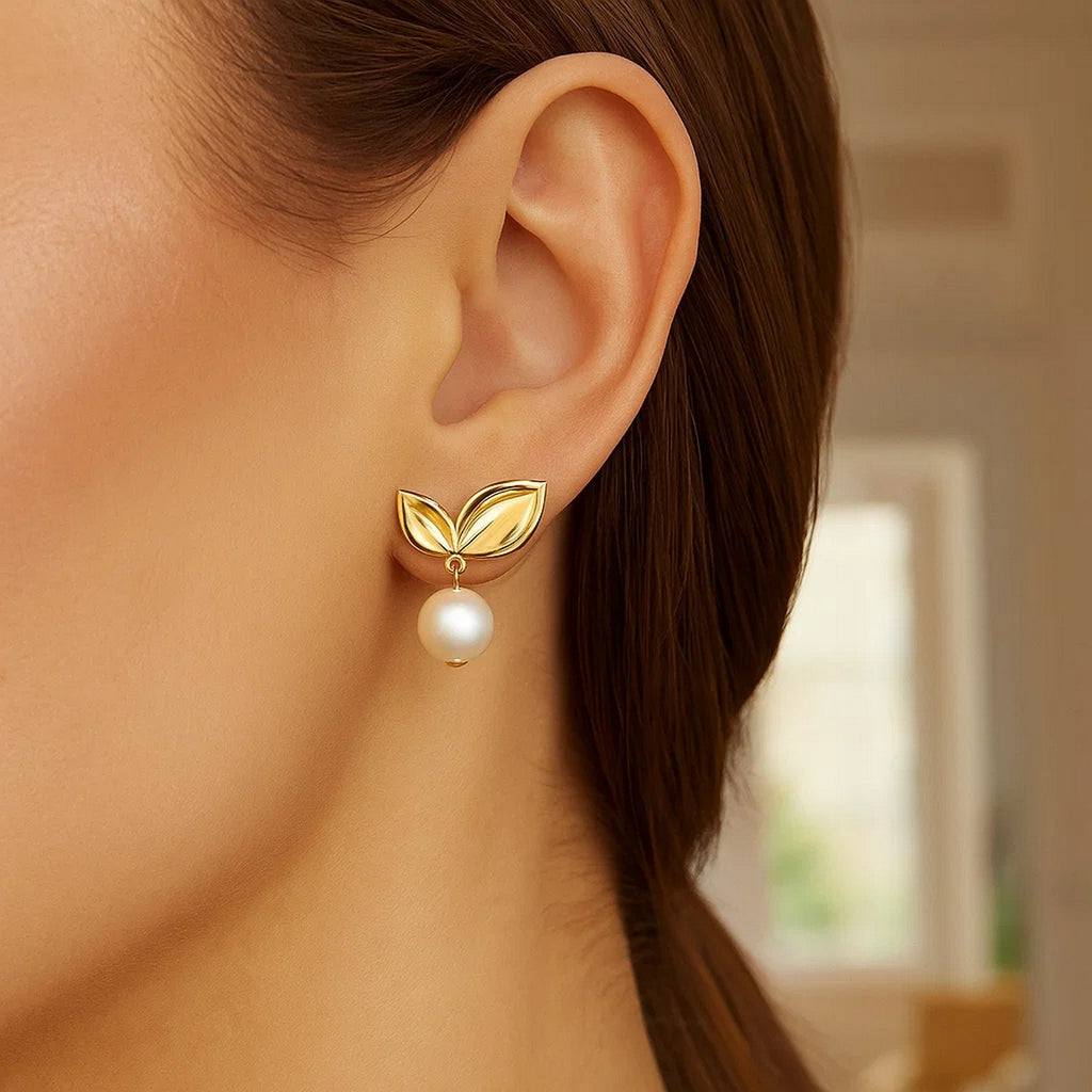 Pearl Drop Earrings with Cherry Leaf in 14K Yellow Gold