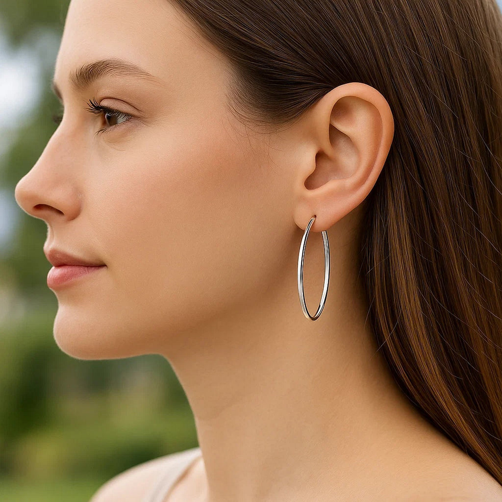 14k White Gold Slim Oval Shape Hoop Earrings