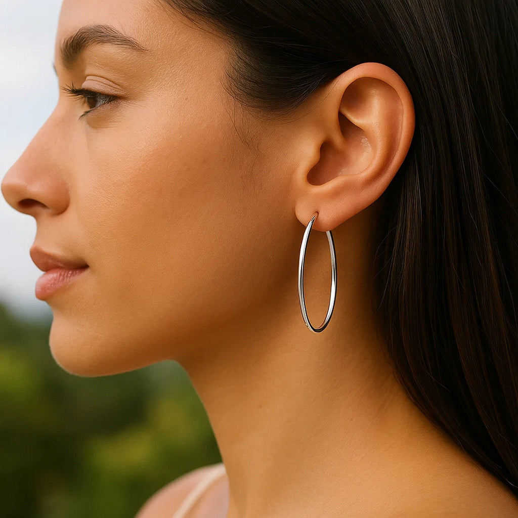 14k White Gold Slim Oval Shape Hoop Earrings