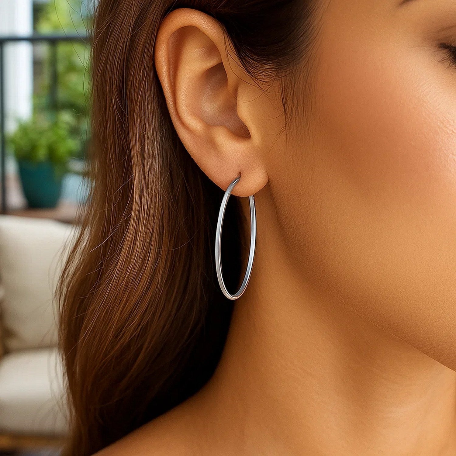 14k White Gold Slim Oval Shape Hoop Earrings