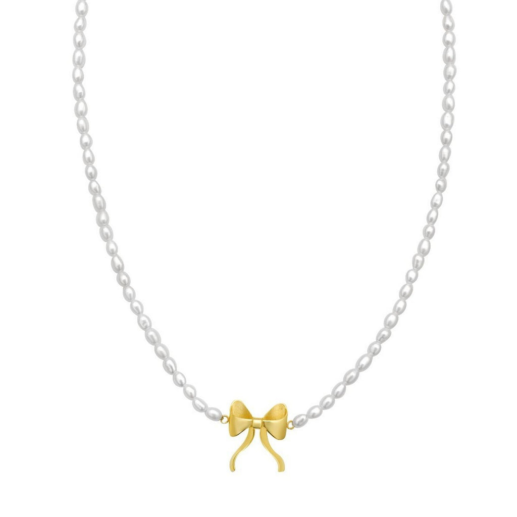 14K Yellow Gold Bow and Pearl Necklace