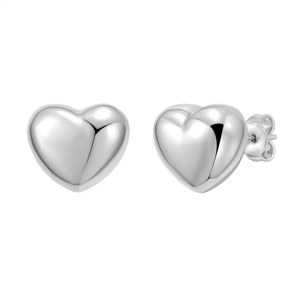 Sterling Silver Rhodium Plated Puffed Small Heart Stud Earrings