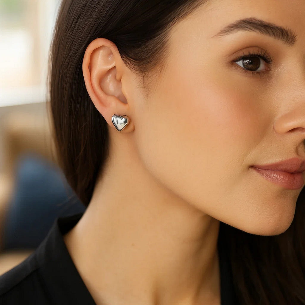Sterling Silver Rhodium Plated Puffed Small Heart Stud Earrings