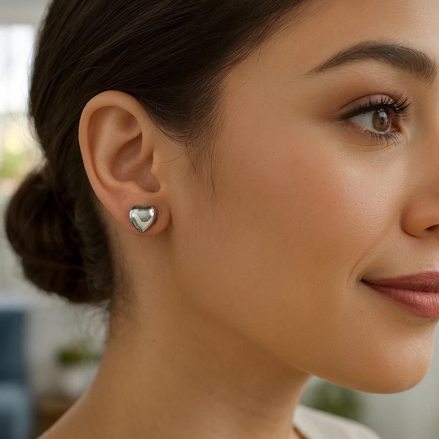 Sterling Silver Rhodium Plated Puffed Small Heart Stud Earrings