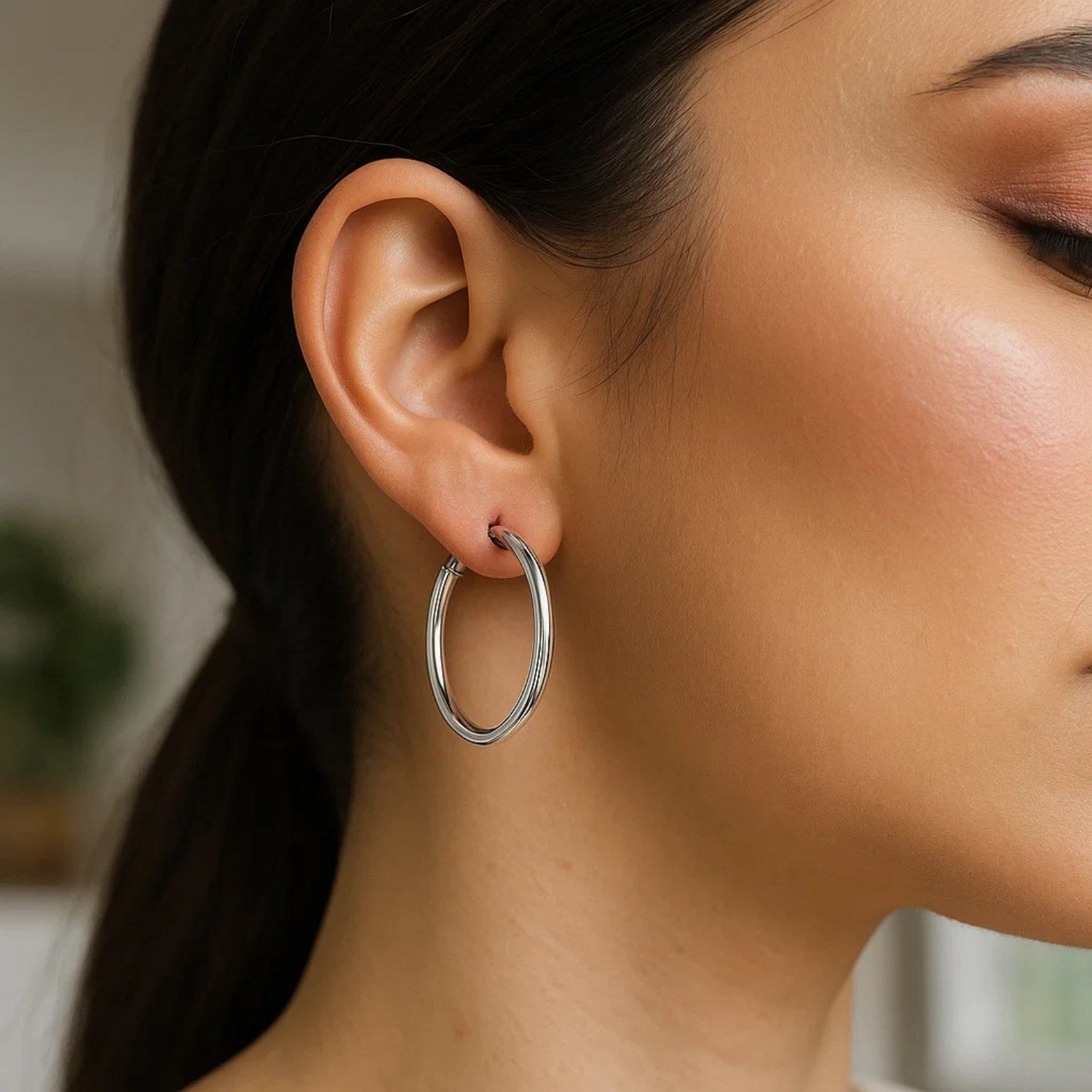 Sterling Silver Hoop Style Earrings with Polished Rhodium Plating (3x30mm)