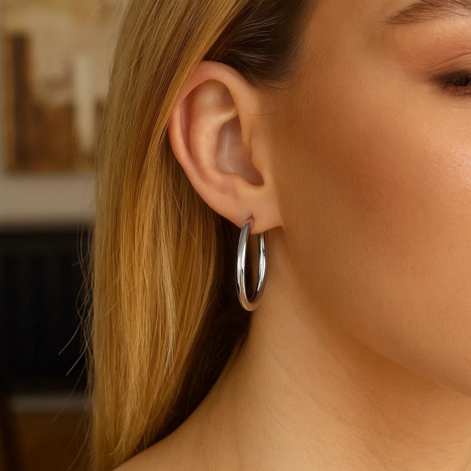 Sterling Silver Hoop Style Earrings with Polished Rhodium Plating (3x30mm)