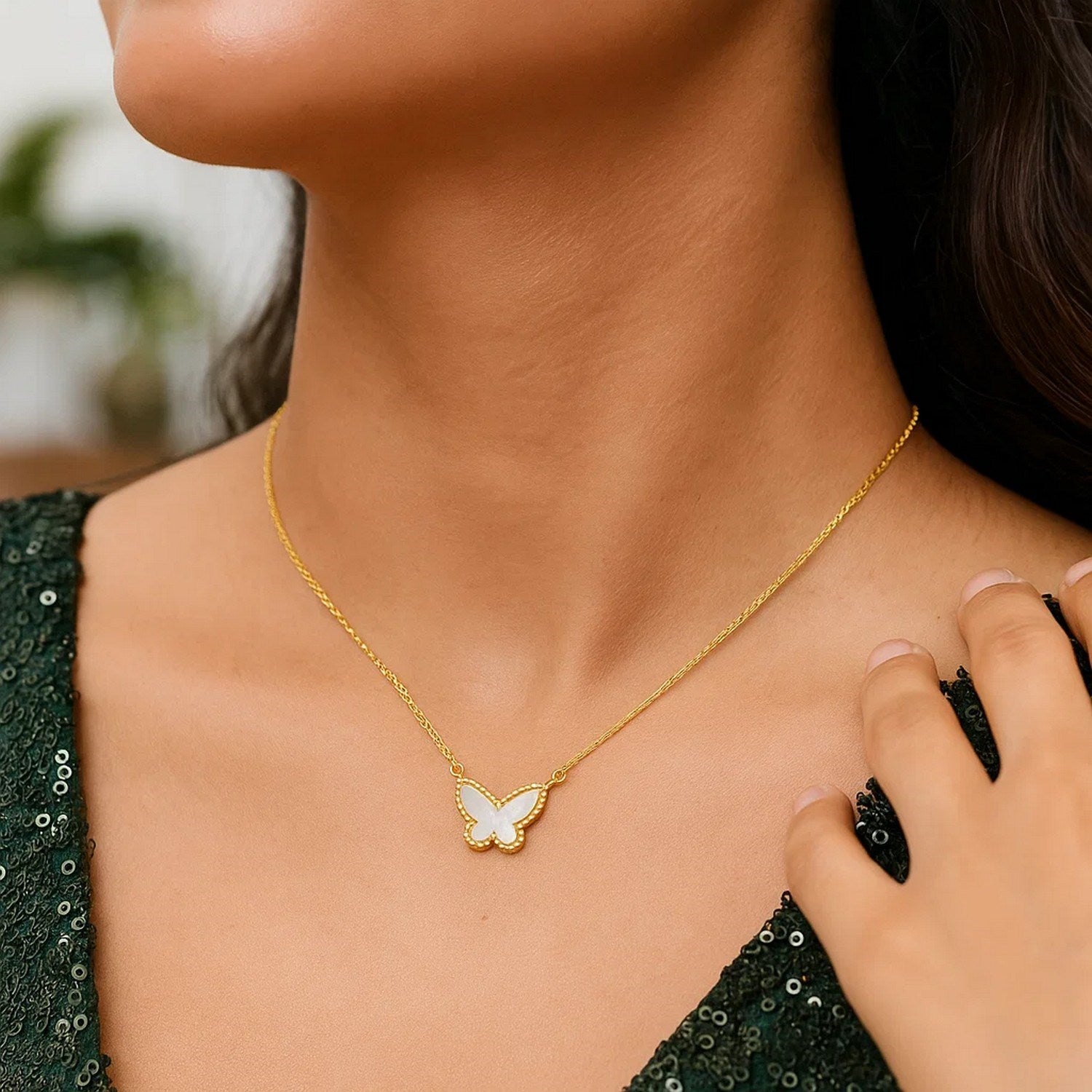 14K Yellow Gold Primavera Mother of Pearl Butterfly Necklace