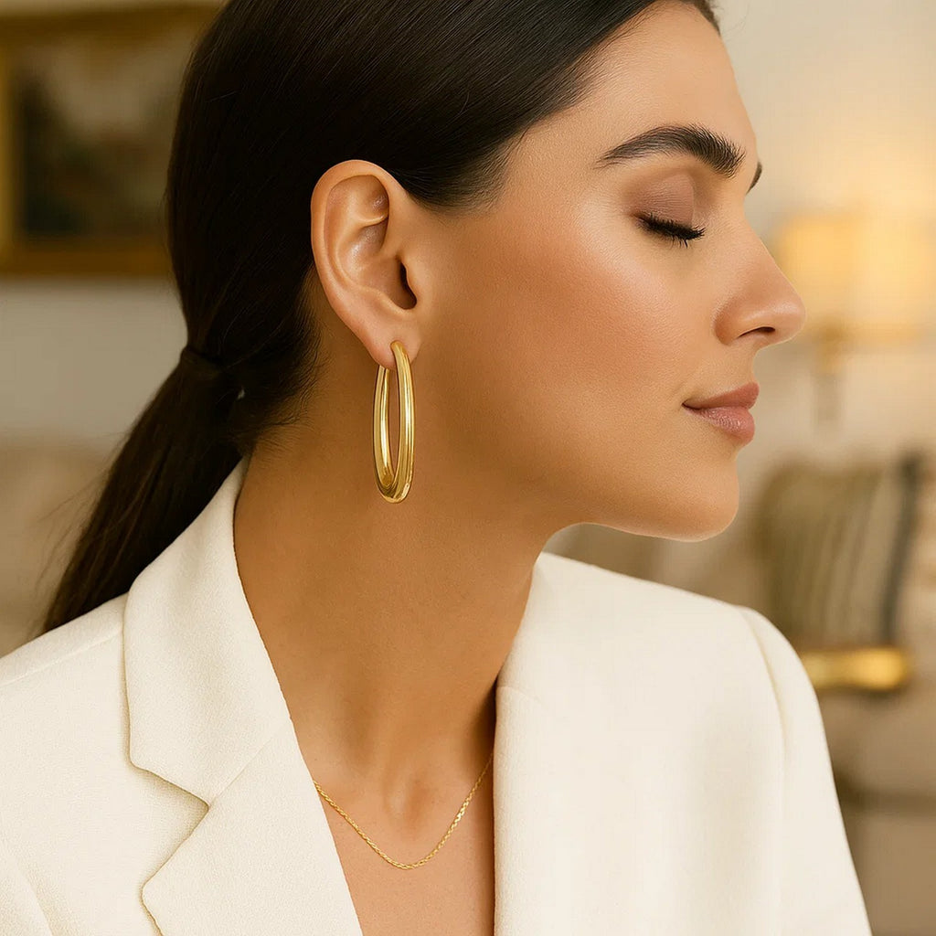 14k Yellow Gold Elongated Oval Hoops