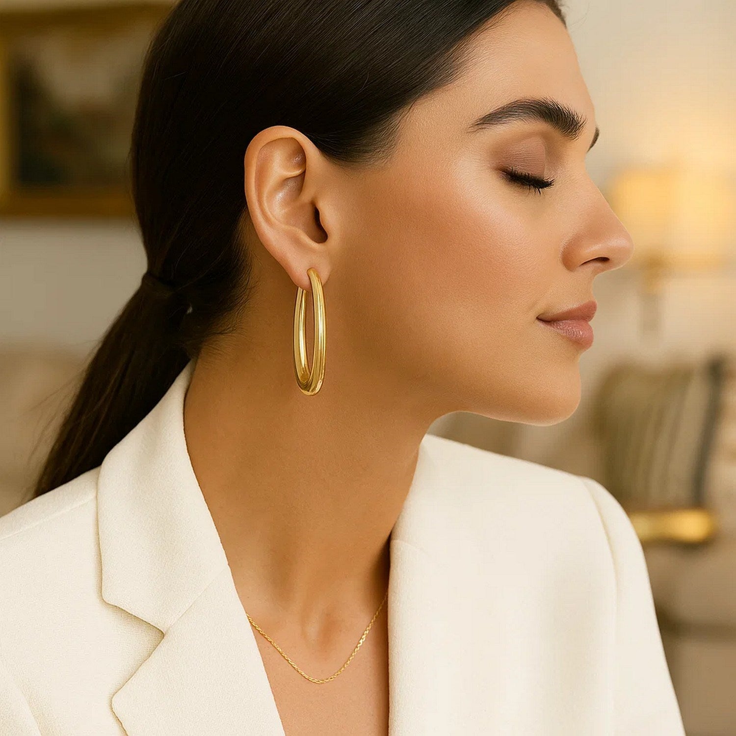 14k Yellow Gold Elongated Oval Hoops