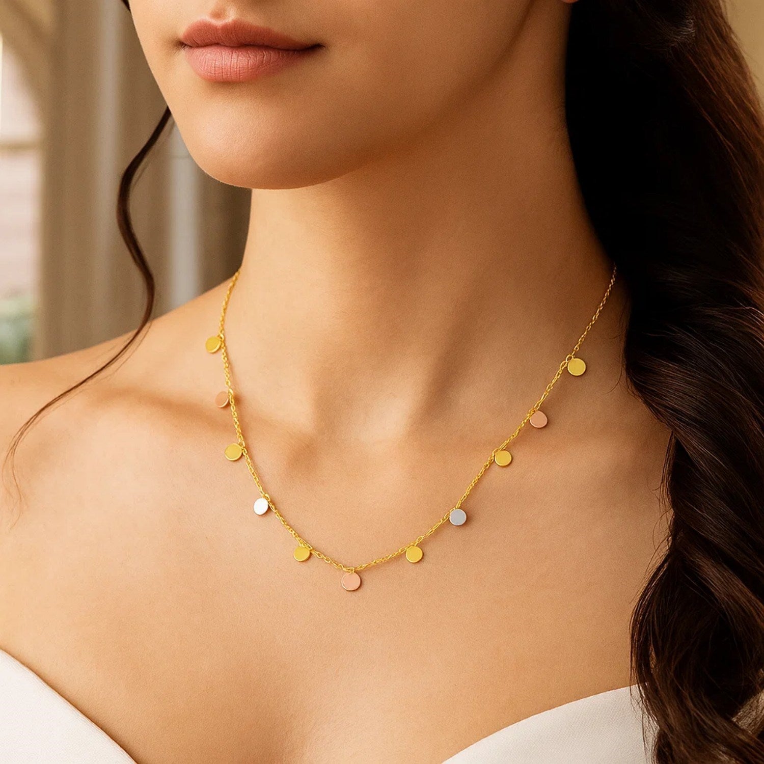 14K Tri Color Necklace with Dangling Circles