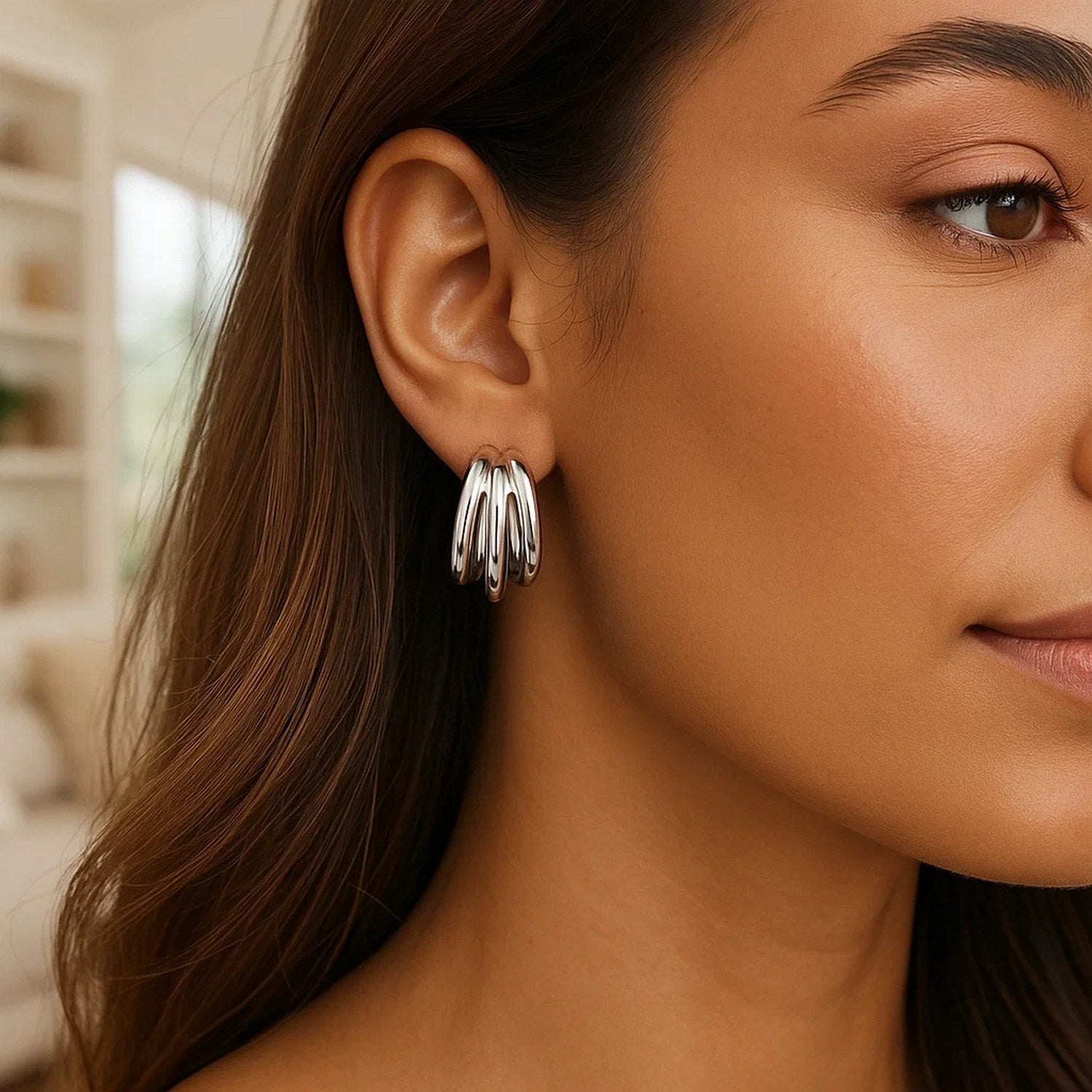 Sterling Silver Triple Barrelled Strand Hoop Earrings