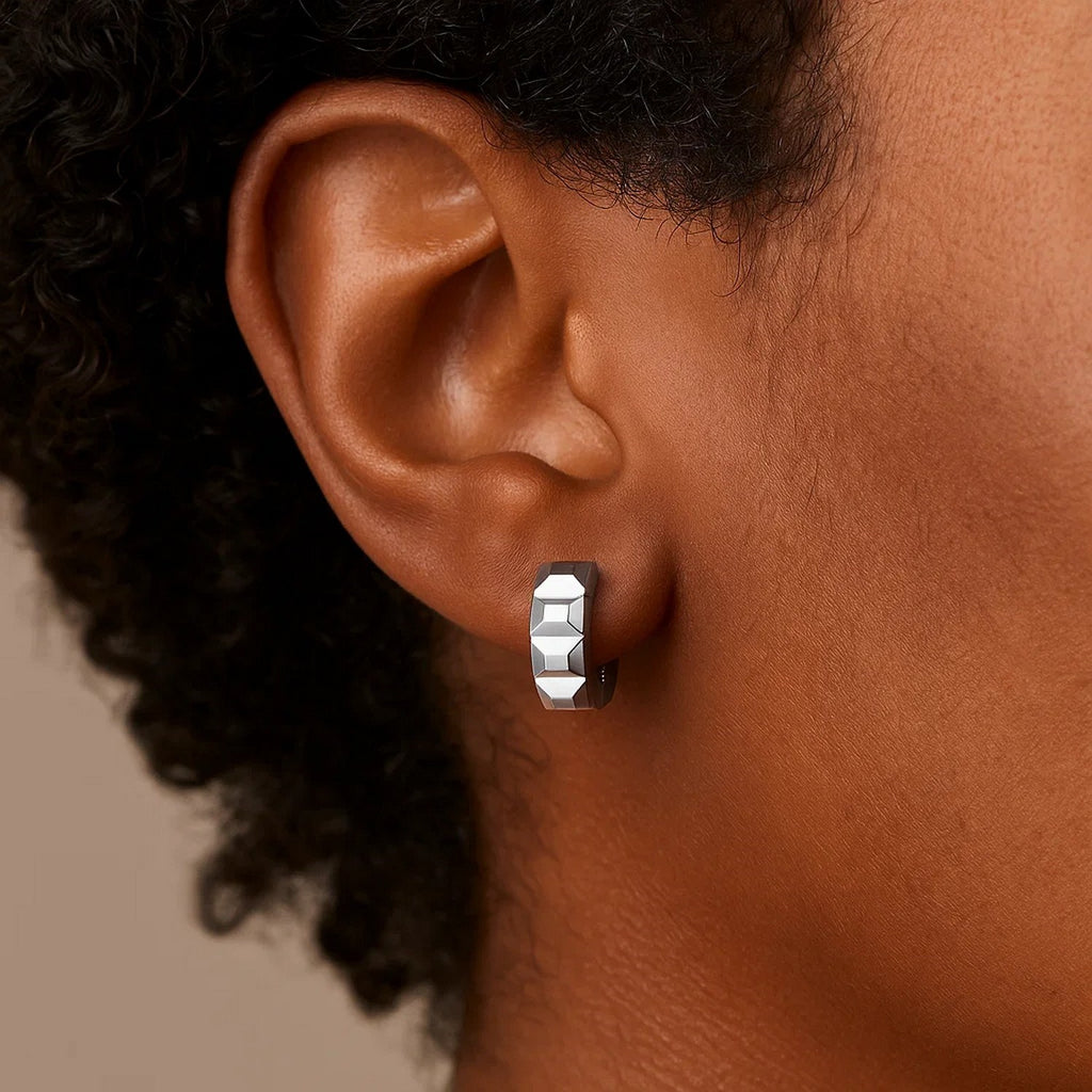 14K White Gold Square Motif Faceted Huggie Earrings