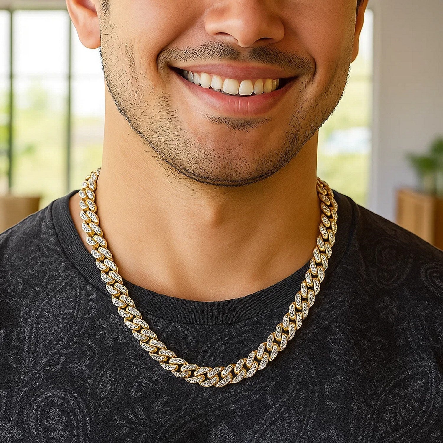 14k Two Tone Gold Miami Cuban Chain Necklace with White Pave