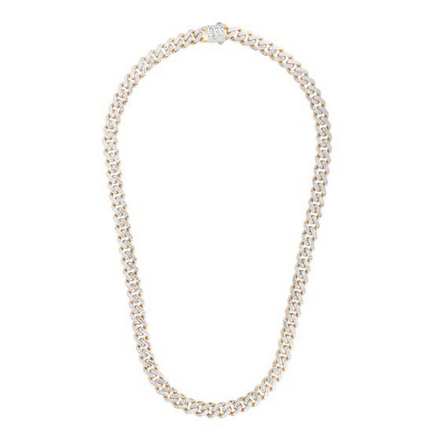 14k Two Tone Gold Miami Cuban Chain Necklace with White Pave