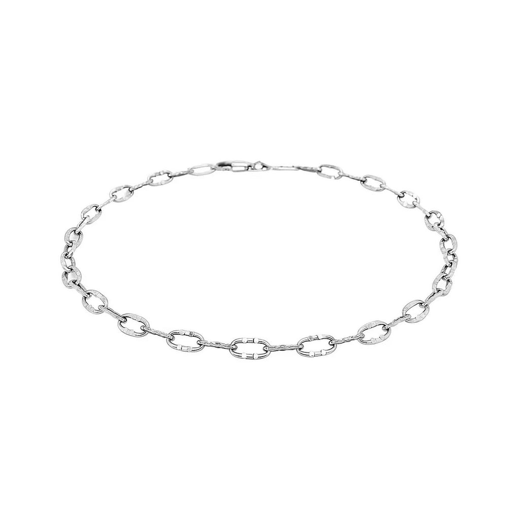 14k White Gold Anklet with Fancy Hammered Oval Links