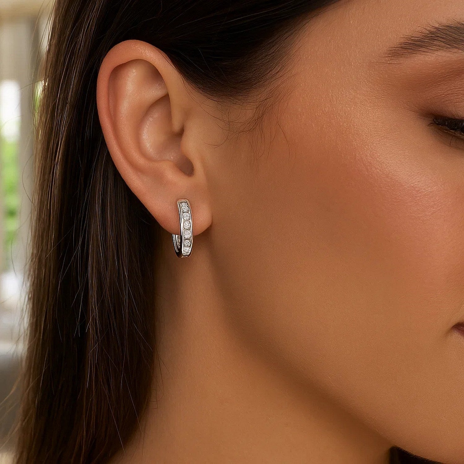 Sterling Silver Oval Hoop Earrings with Cubic Zirconias(3x15mm)