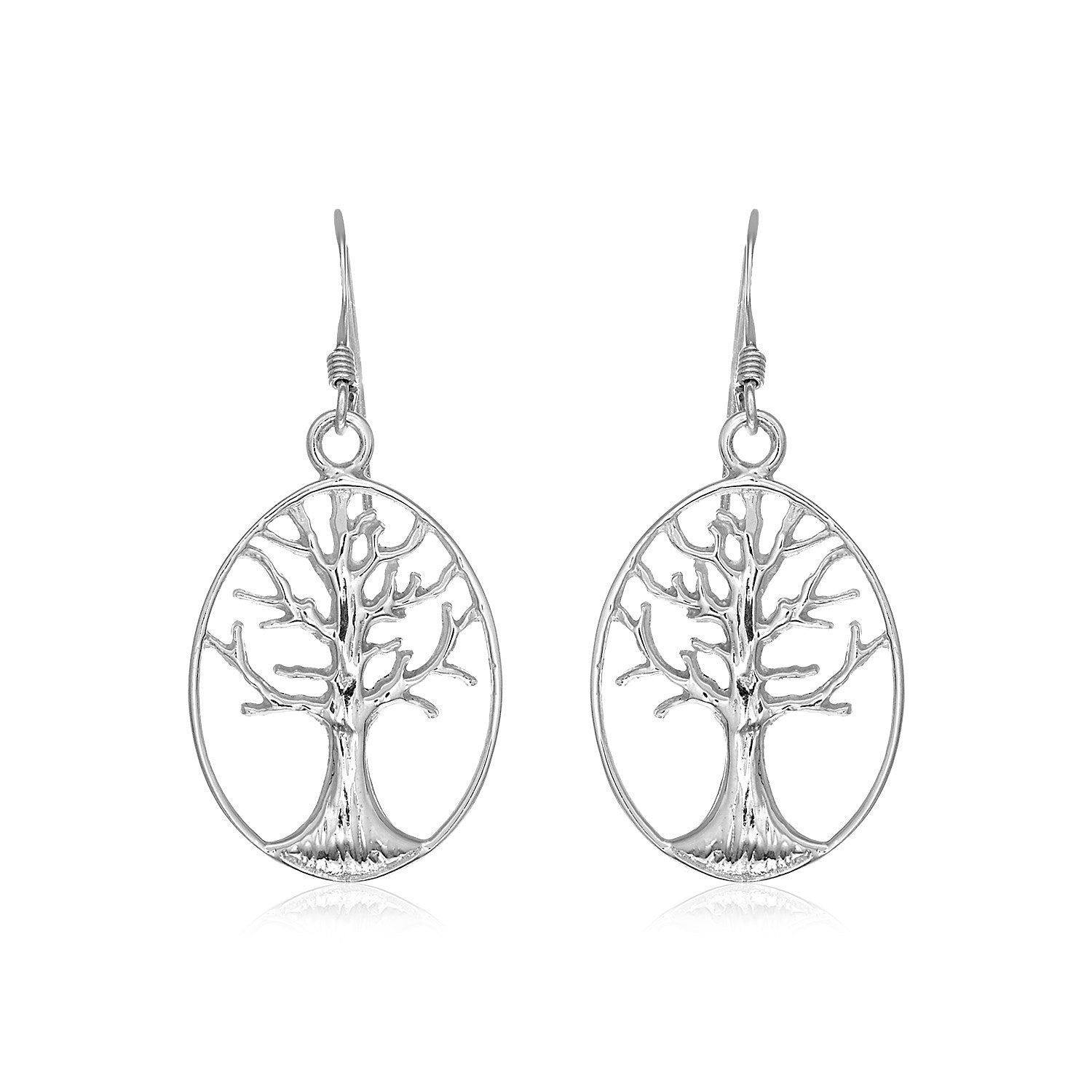 Sterling Silver Oval Round Tree of Life Earrings