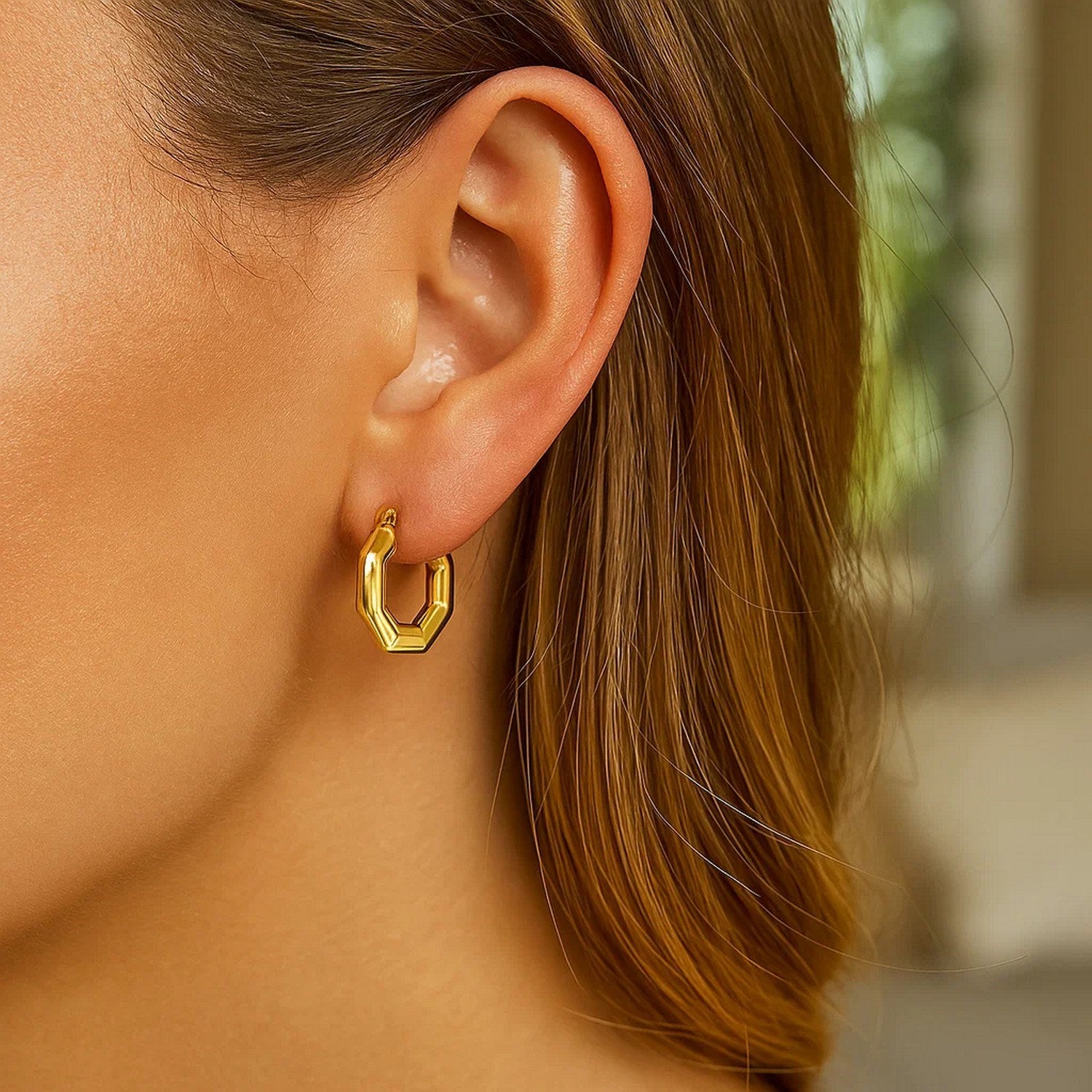 14k Yellow Gold Octagon Hoop Earrings