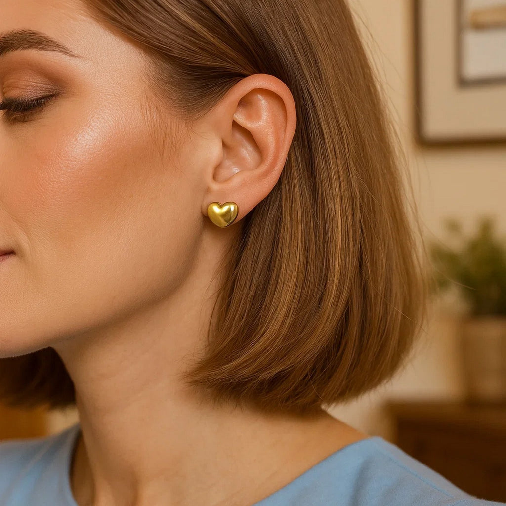 Sterling Silver Yellow Gold Plated Puffed Small Heart Stud Earrings