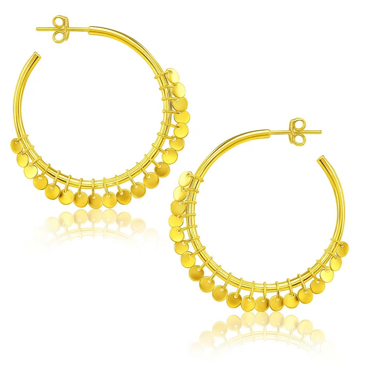 14k Yellow Gold Hoop Style Earrings with Dangling Sequins(1.5x30mm)