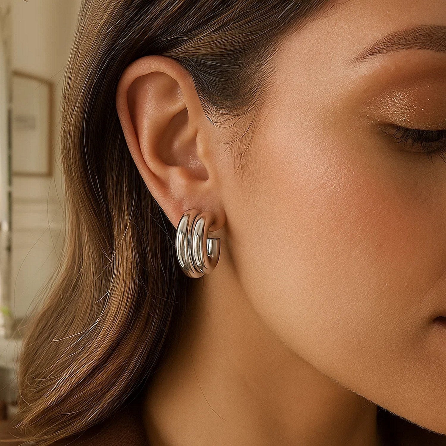 Sterling Silver Double Row Big and Small Round Hoop Earrings