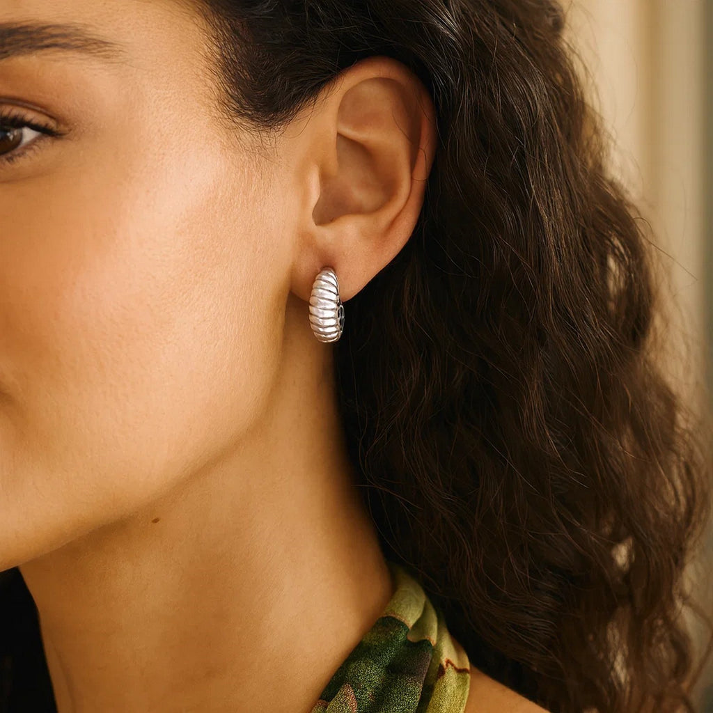 Sterling Silver Rhodium Plated Small Ribbed Twisted Hoop Earrings