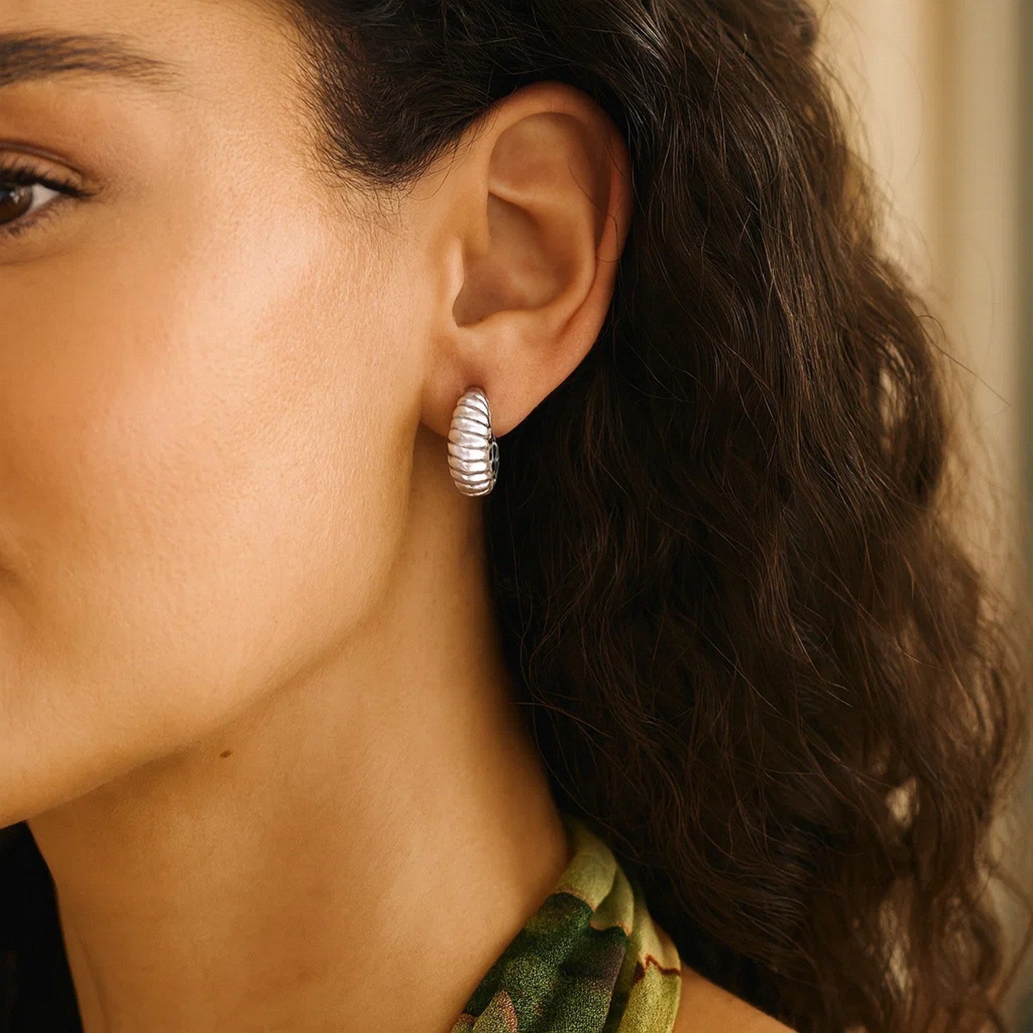 Sterling Silver Rhodium Plated Small Ribbed Twisted Hoop Earrings