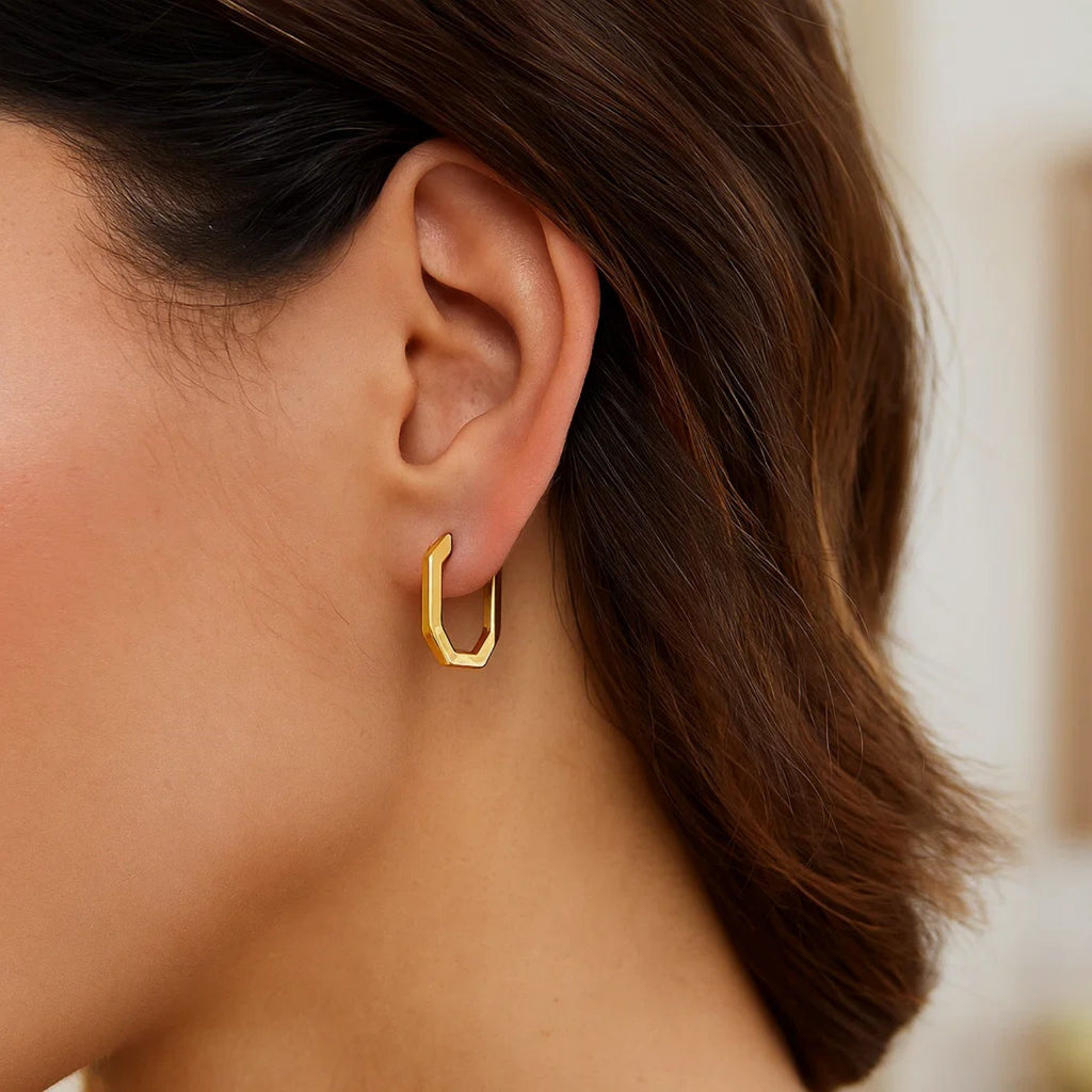 14K Yellow Gold Hexagon Hoop Earrings