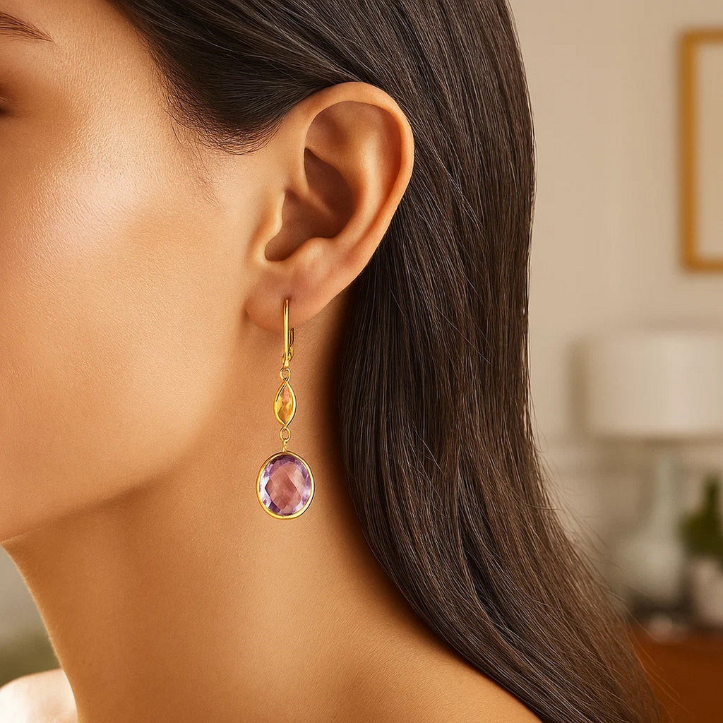 14k Yellow Gold Drop Earrings with Citrine and Amethyst Briolettes