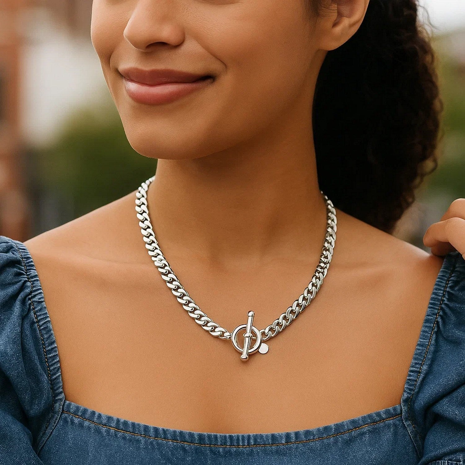 Sterling Silver Polished Wide Link Toggle Necklace