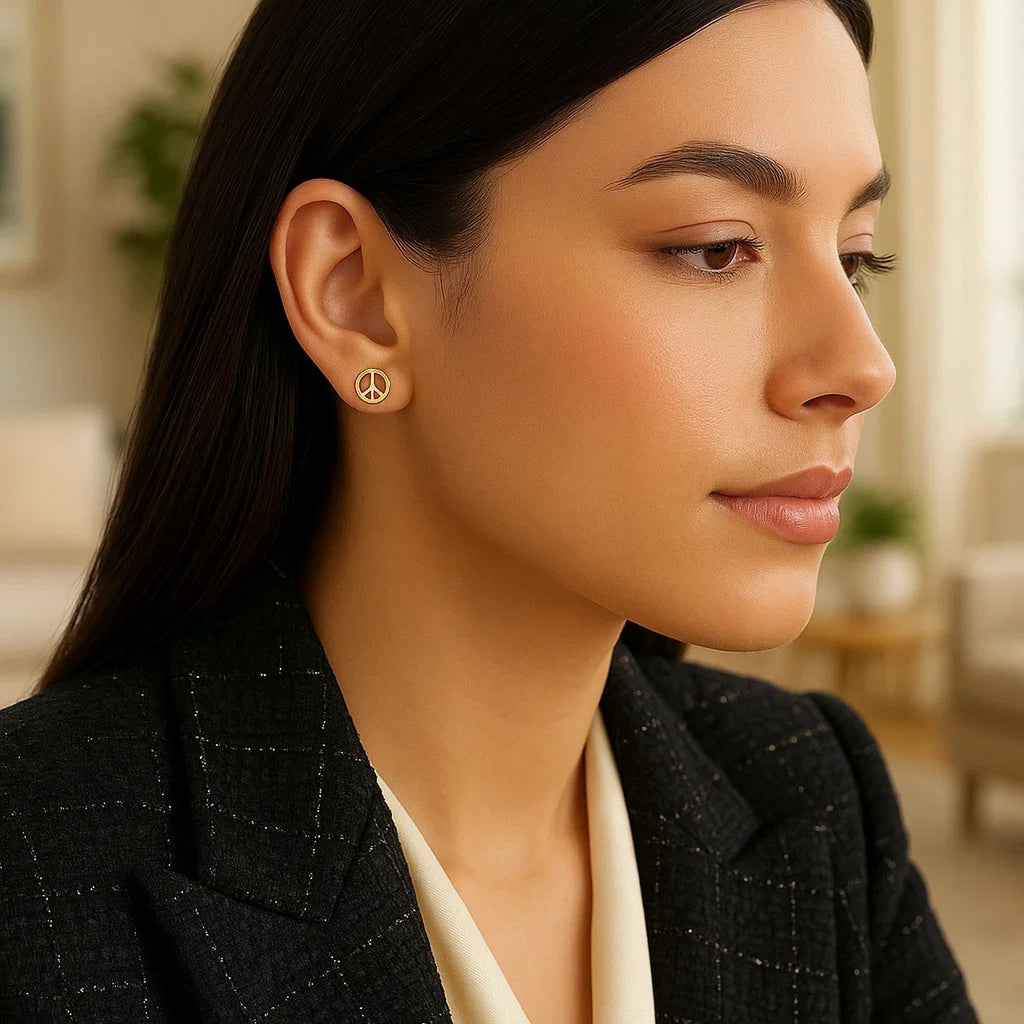 14k Yellow Gold Post Earrings with Peace Signs(6.9mm)