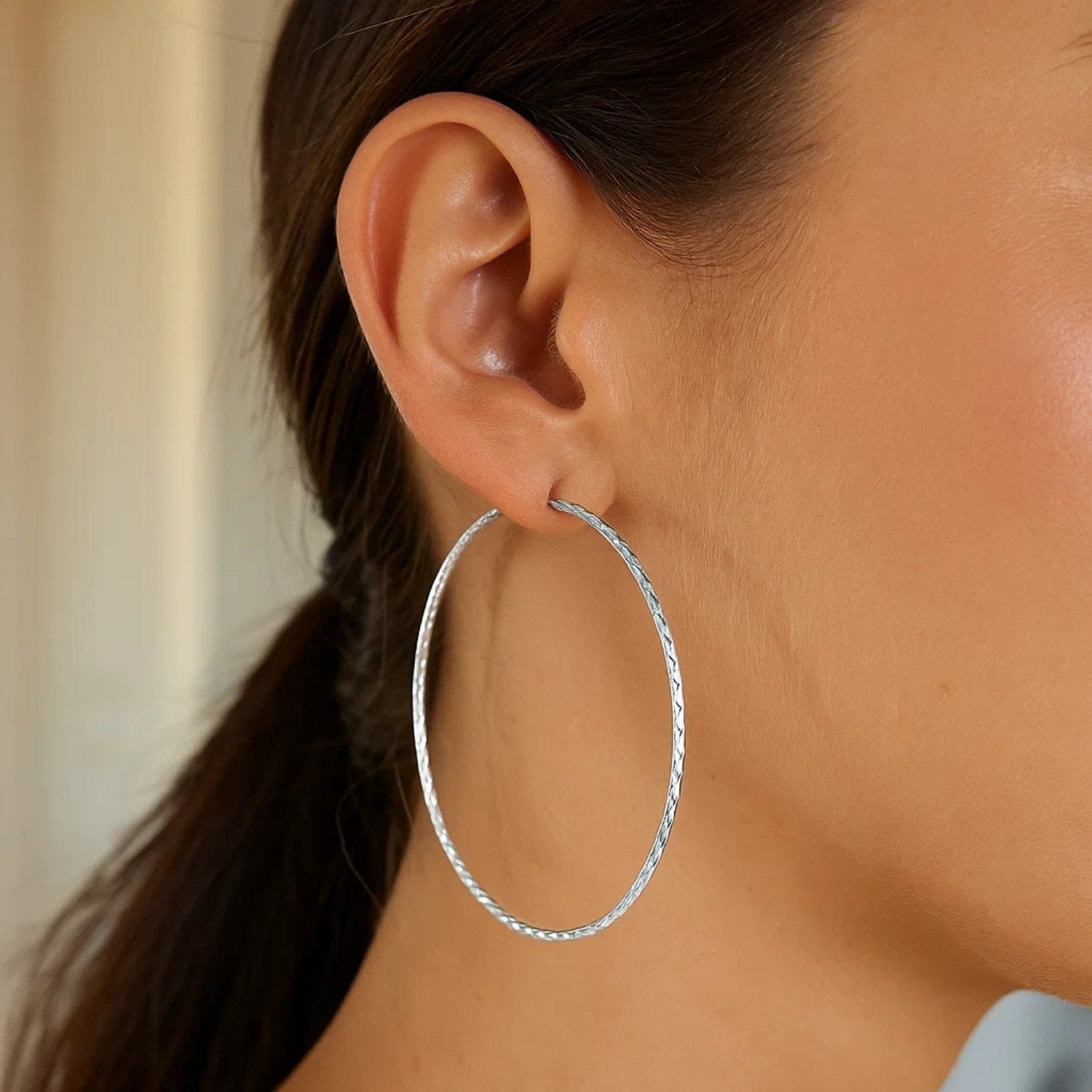 Sterling Silver Large Textured Round Hoop Earrings(1.6x60mm)