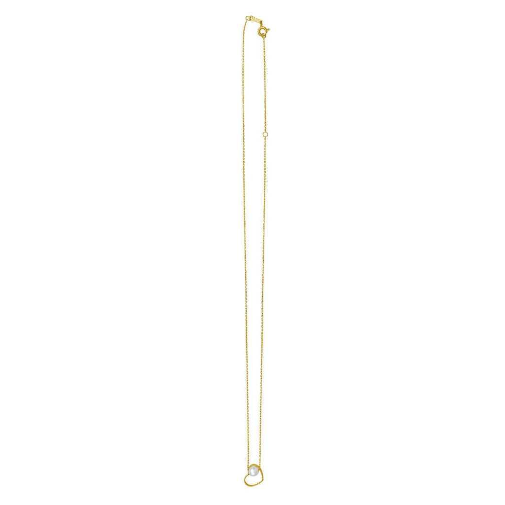 Open Heart and Pearl Necklace in 14K Yellow Gold